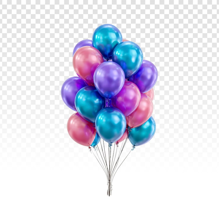 Gratis PSD levende buket af lyserøde, lilla og turkise festballoner.