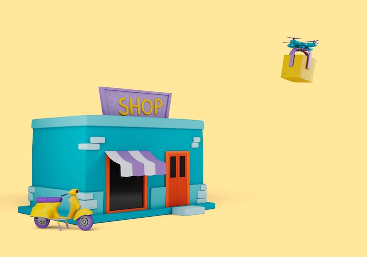 Gratis PSD levering 3d-illustration med butik og drone