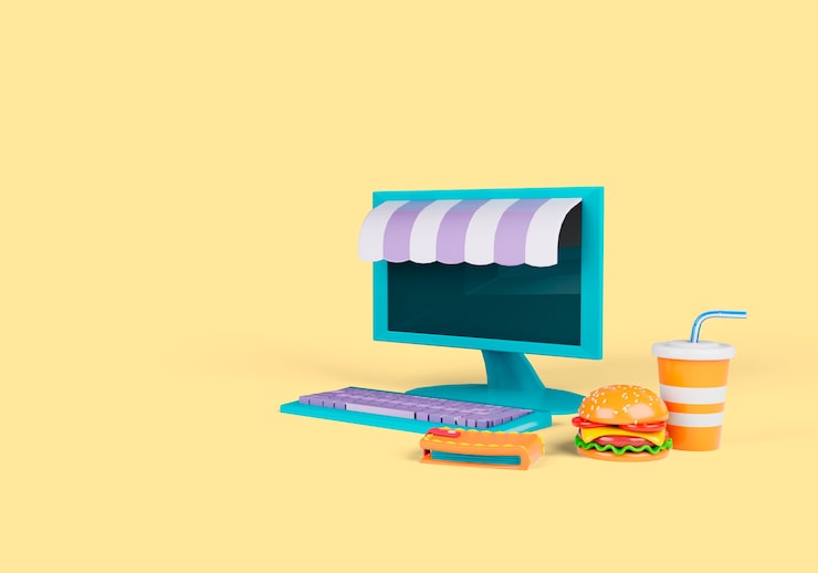 Gratis PSD levering 3d-illustration med personlig computer og fastfood