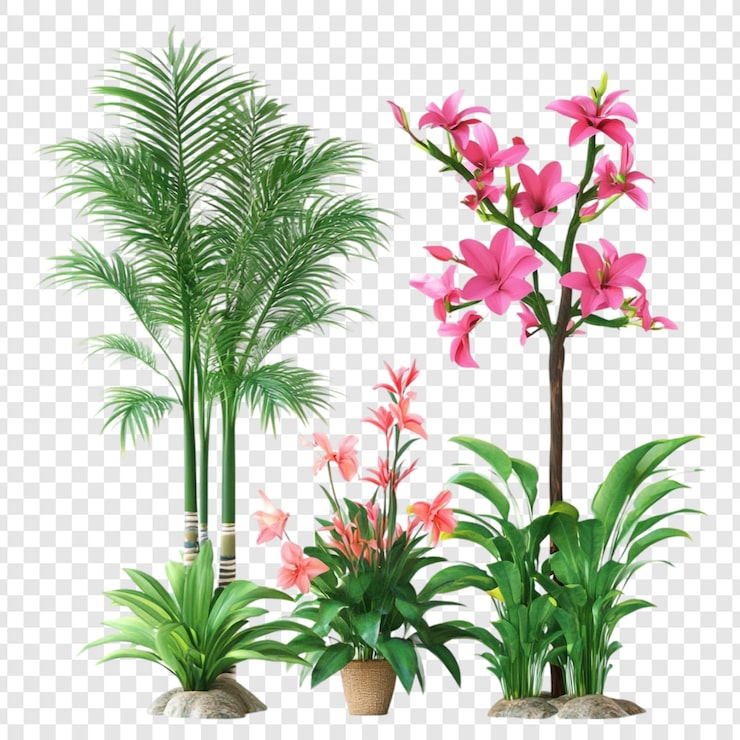 Gratis PSD livfull samling av tropiska växter palmträd rosa blommor och frodig grönska