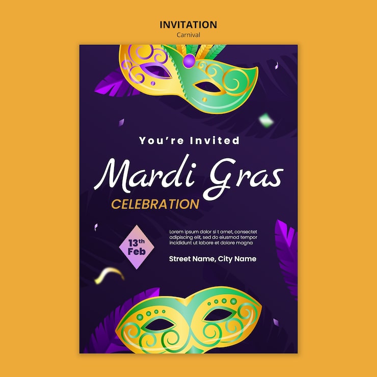 Gratis PSD mardi gras-festligheder invitation skabelon