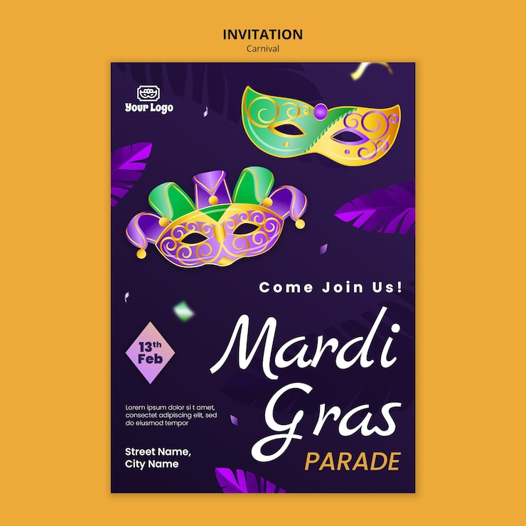 Gratis PSD mardi gras-festligheder invitation skabelon