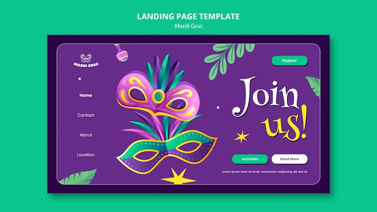 Gratis PSD mardi gras-firande målsida mall