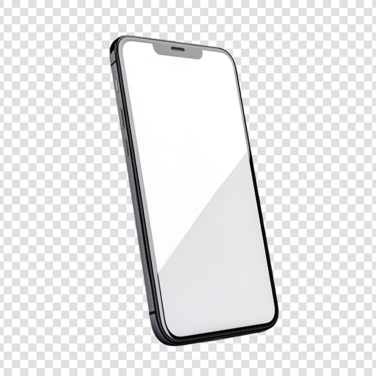 Modern black smartphone mockup with blank screen on a transparent background