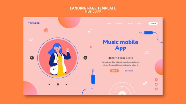Gratis PSD musikk mobilapp landingsside mal