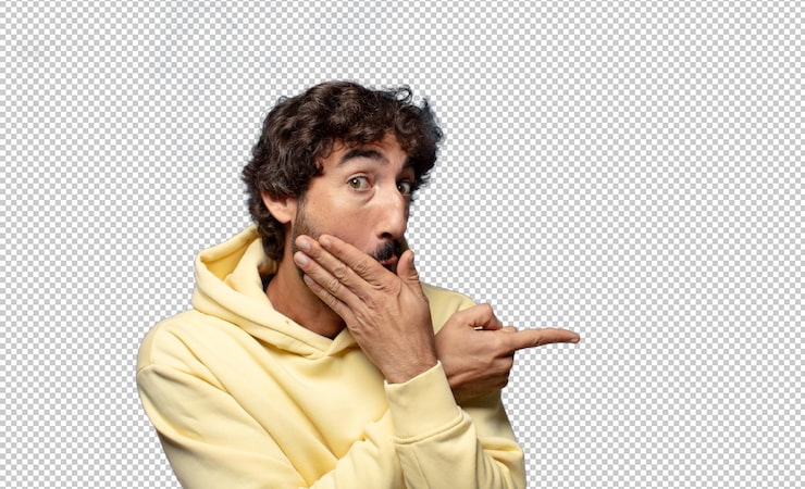 Gratis PSD overrasket med et sjokkert uttrykk og peker til siden