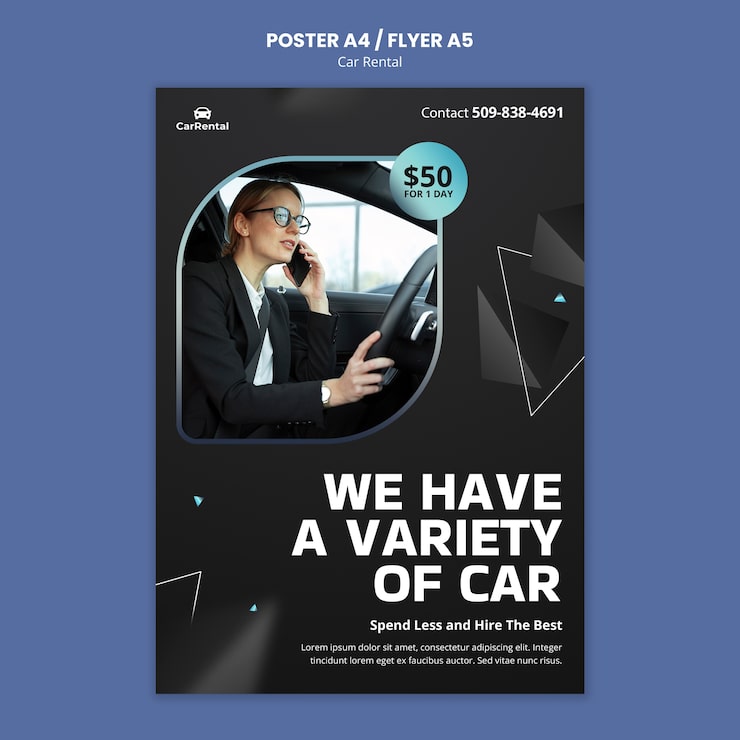 Gratis PSD plakat skabelon til biludlejning i fladt design