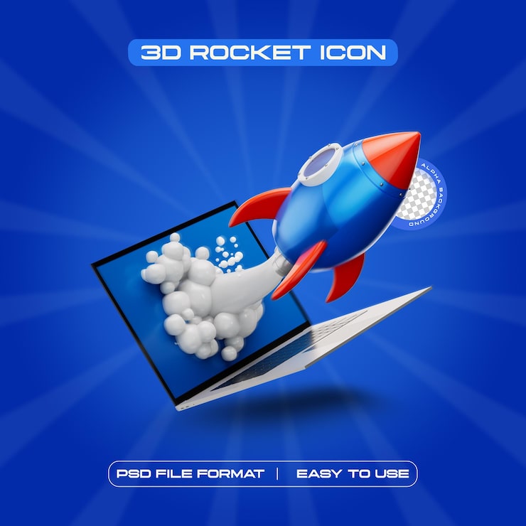 Gratis PSD rakettikon isolert 3d-rendering illustrasjon