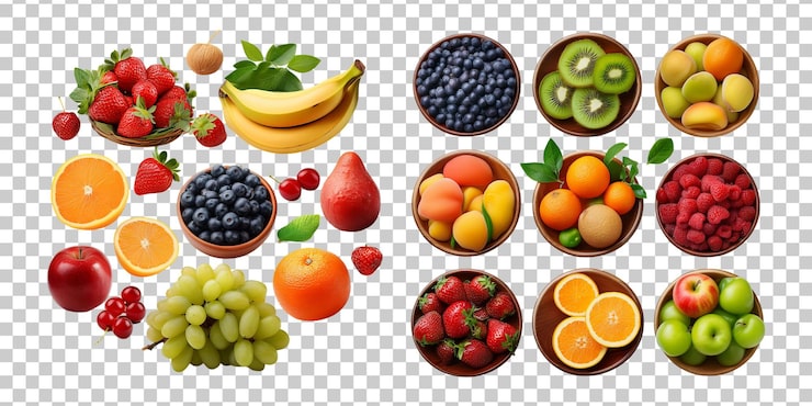 Gratis PSD samling av frisk frukt i boller på transparent bakgrunn