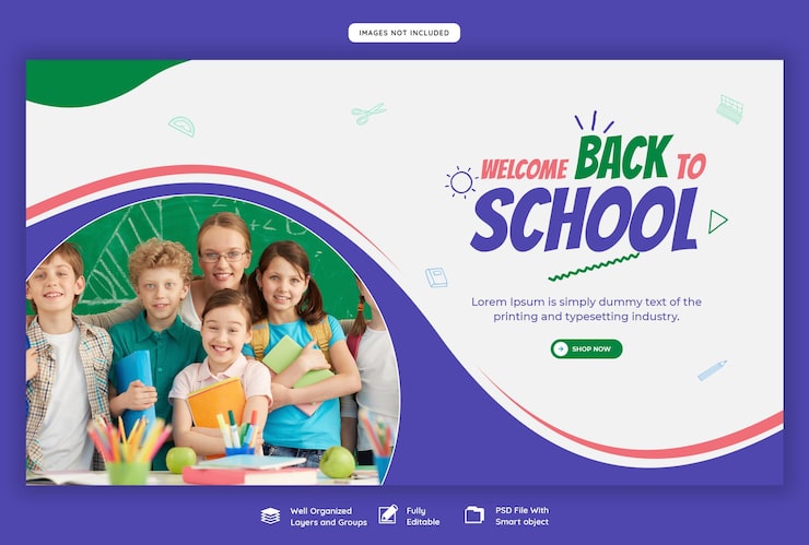Gratis PSD skabelon til webbanner for skolestart