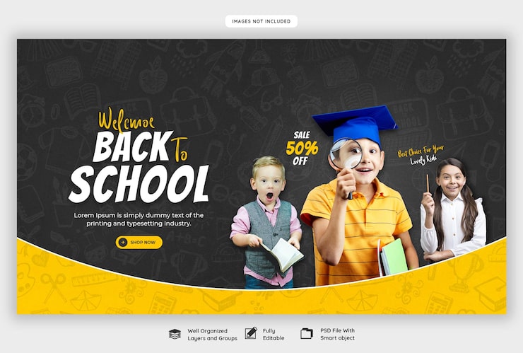 Gratis PSD skabelon til webbanner for skolestart