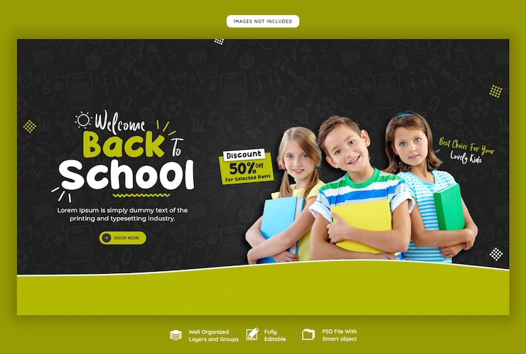 Gratis PSD skabelon til webbanner for skolestart