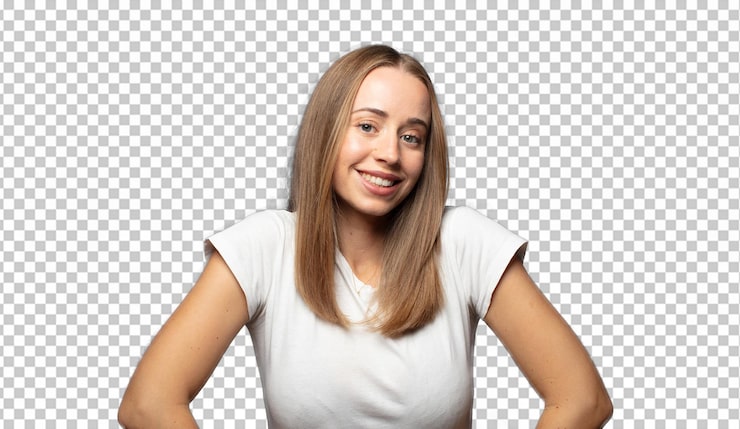 Gratis PSD smiler glad med hænderne på hofterne og en selvsikker, stolt og venlig attitude