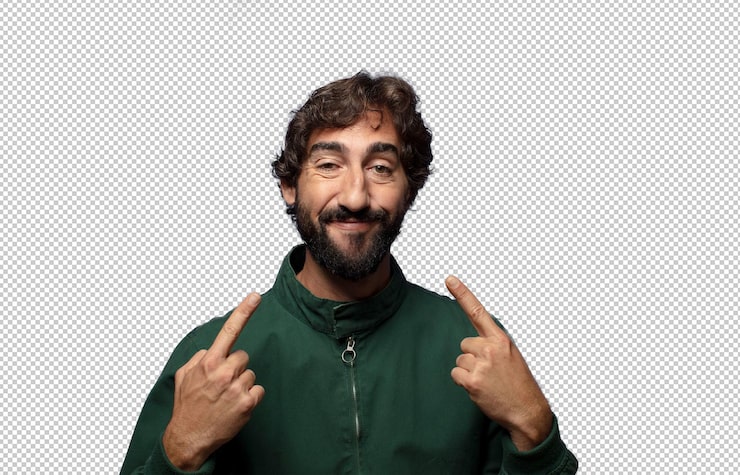 Gratis PSD smiler selvsikkert og peger på sit eget brede smil, positiv, afslappet og tilfreds holdning