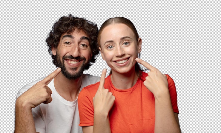 Gratis PSD smiler selvsikkert og peger på sit eget brede smil, positiv, afslappet og tilfreds holdning
