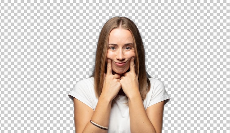 Gratis PSD smiler selvsikkert og peger på sit eget falske smil