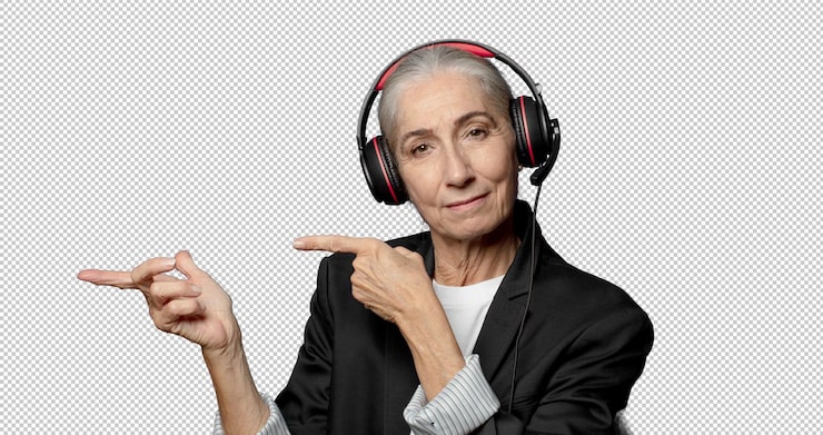 Gratis PSD smuk midaldrende kvinde med headset gamer koncept