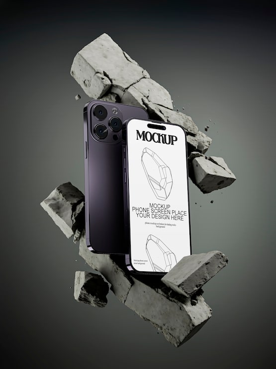 Gratis PSD telefon mockup på trasigt betongelement