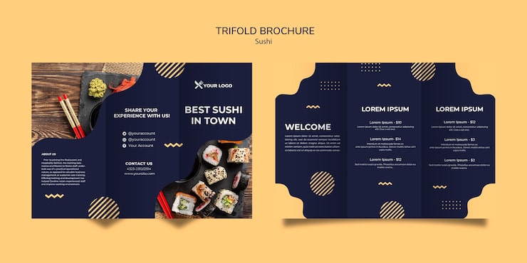 Gratis PSD tre-delt brosjyremal for sushi-konsept