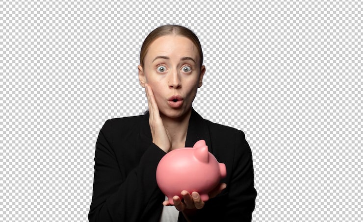 Gratis PSD ung blond kvinne med en sparegris