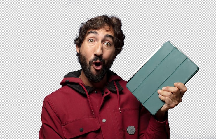 Gratis PSD ung mand bruger en touchscreen tablet