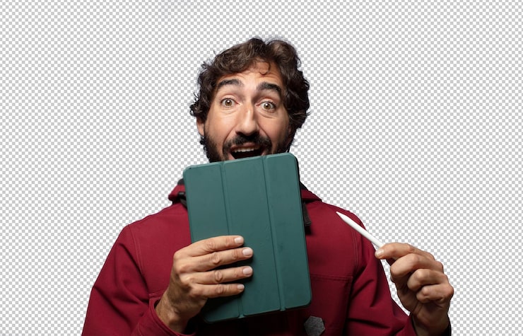 Gratis PSD ung mand bruger en touchscreen tablet