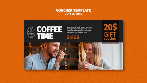 Gratis PSD värdechecksmall med människor som dricker kaffe