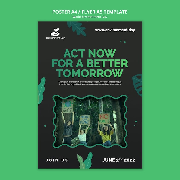 Gratis PSD världsmiljödagen med löv flyer mall