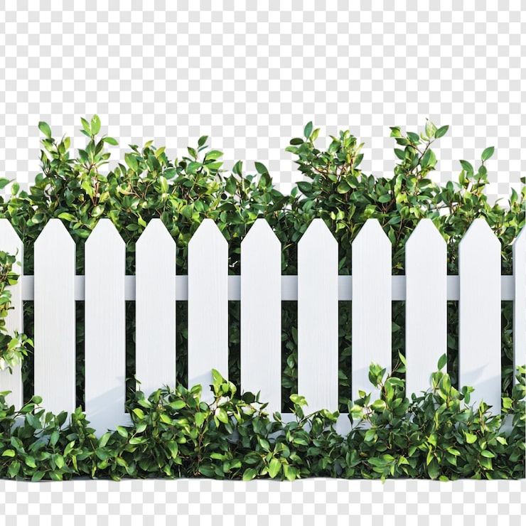 Gratis PSD vitt staket med frodig grönska – en perfekt trädgårdsgräns