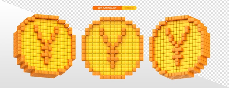 Gratis PSD yuan-mynt i pixelkonst 3d-rendering med transparent bakgrund