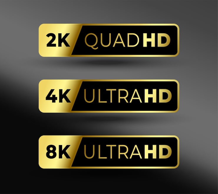 Gratis Vektor 2k 4k og 8k ultra hd skærmopløsning kvalitet label i sæt