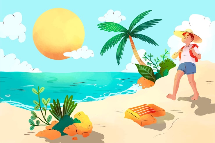 Gratis Vektor akvarell sommarbakgrund med strandvy