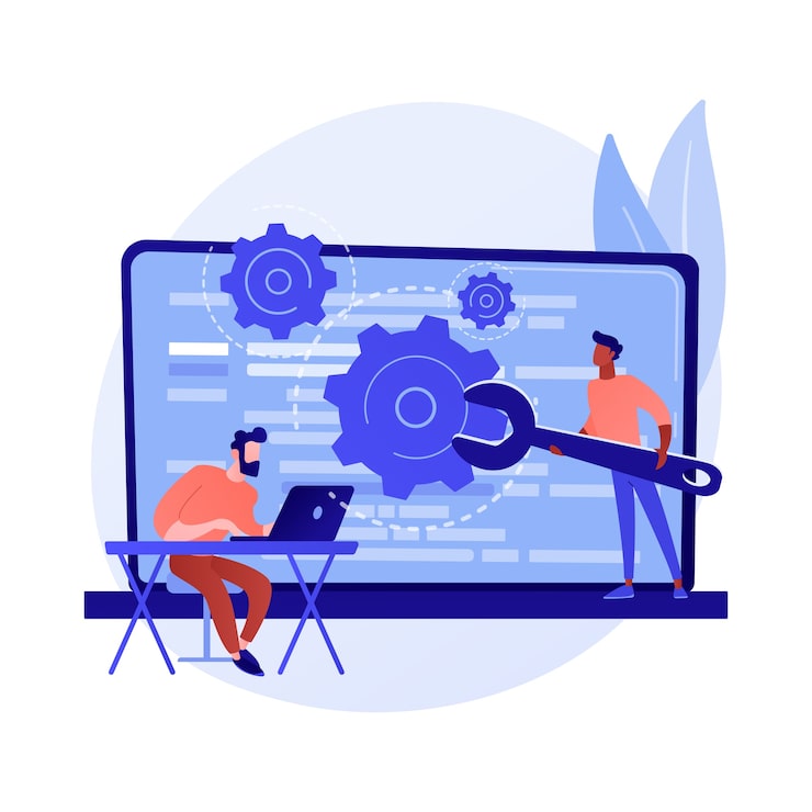 Gratis Vektor anpassat stilskript. webbplatsoptimering, kodning, programvaruutveckling. kvinnlig programmerare som arbetar, lägger till javascript, css-kod.