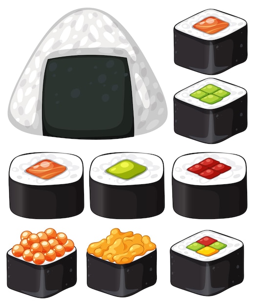 Gratis Vektor assorterede sushiruller og onigiri vektorillustration