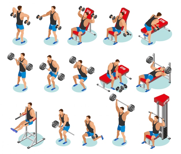 Gratis Vektor bodybuilding isometriska ikoner