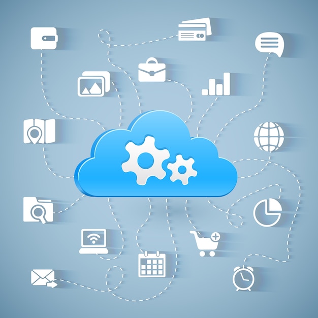 Gratis Vektor cloud computing teknologi skema med lange skygger