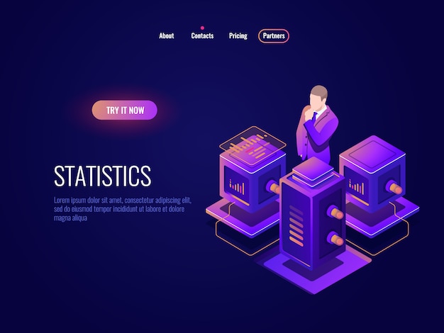 Gratis Vektor data science, big data behandling isometrisk ikon, database datacenter koncept, program information