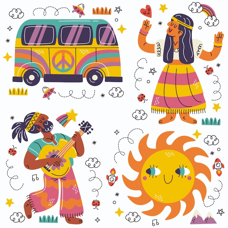 Gratis Vektor doodle hippie sticker samling