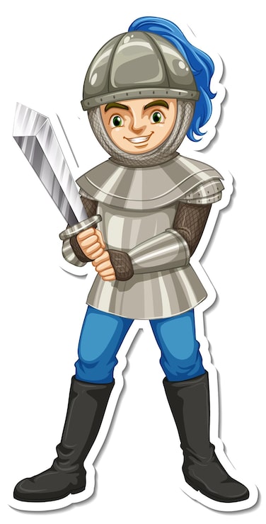 Gratis Vektor en tecknad riddare i rustning som håller ett svärd, sticker