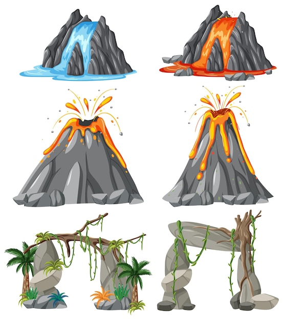 Gratis Vektor erupting volcano vector set