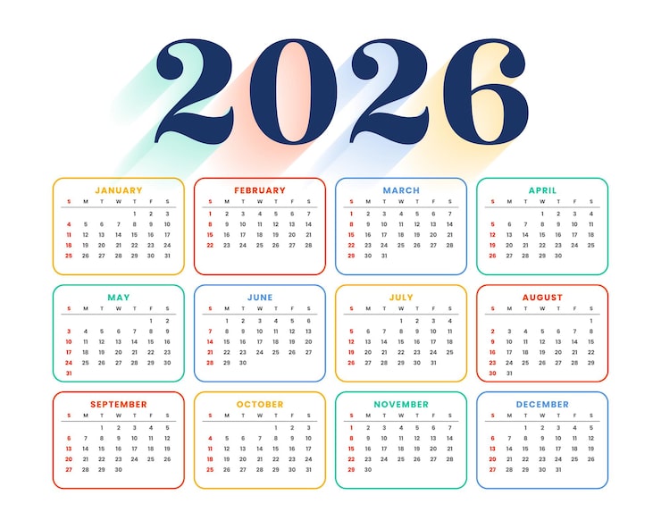Farverig månedlig kalenderskabelon for 2026 i linjestil