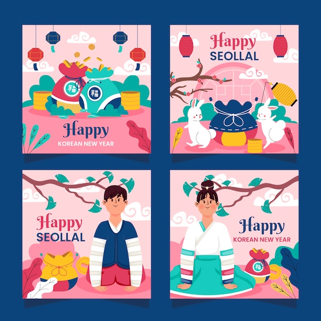 Gratis Vektor flad instagram posts samling til seollal ferie