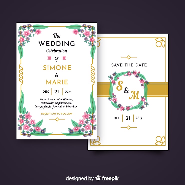 Gratis Vektor fladt design af blomstret bryllupsinvitationsskabelon