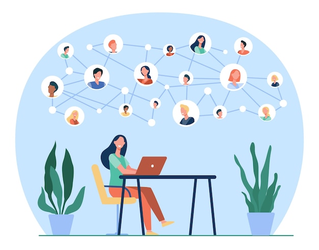 Gratis Vektor glad kvinde chatter med venner online