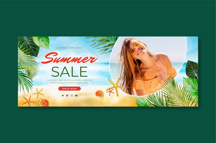 Gratis Vektor håndmalet akvarel sommerudsalgsbanner med foto