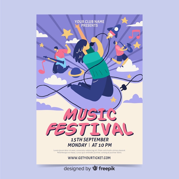 Gratis Vektor handritad affisch för rockmusikfestival