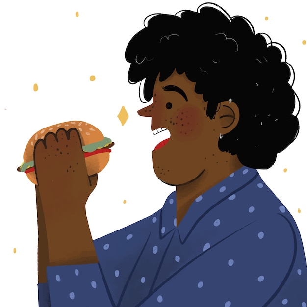 Gratis Vektor håndtegnet mand, der spiser burger illustration