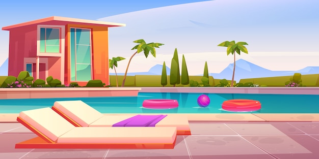 Gratis Vektor hus och pool med solstolar