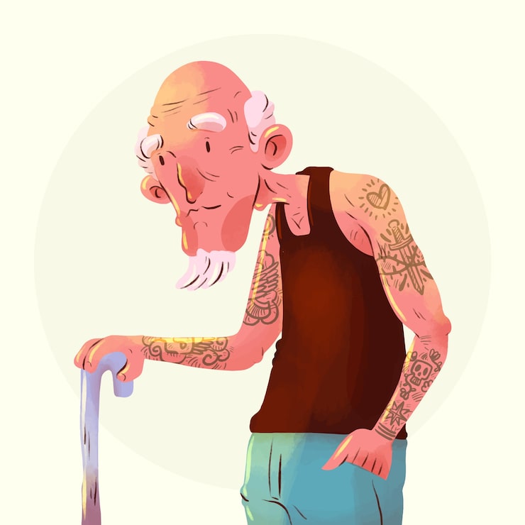 Gratis Vektor illustration af tatoveret ældre person