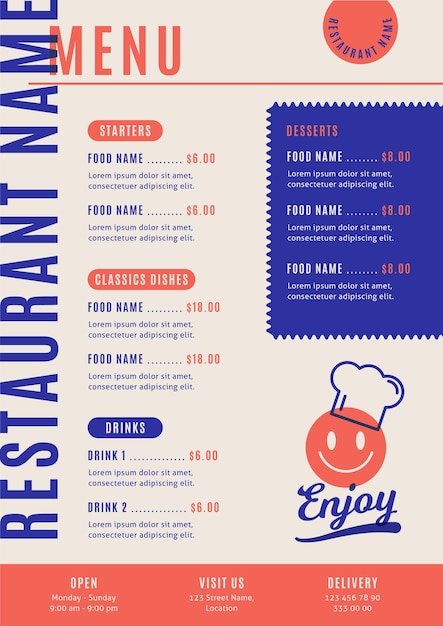 Gratis Vektor illustreret menu til restaurant i lodret format